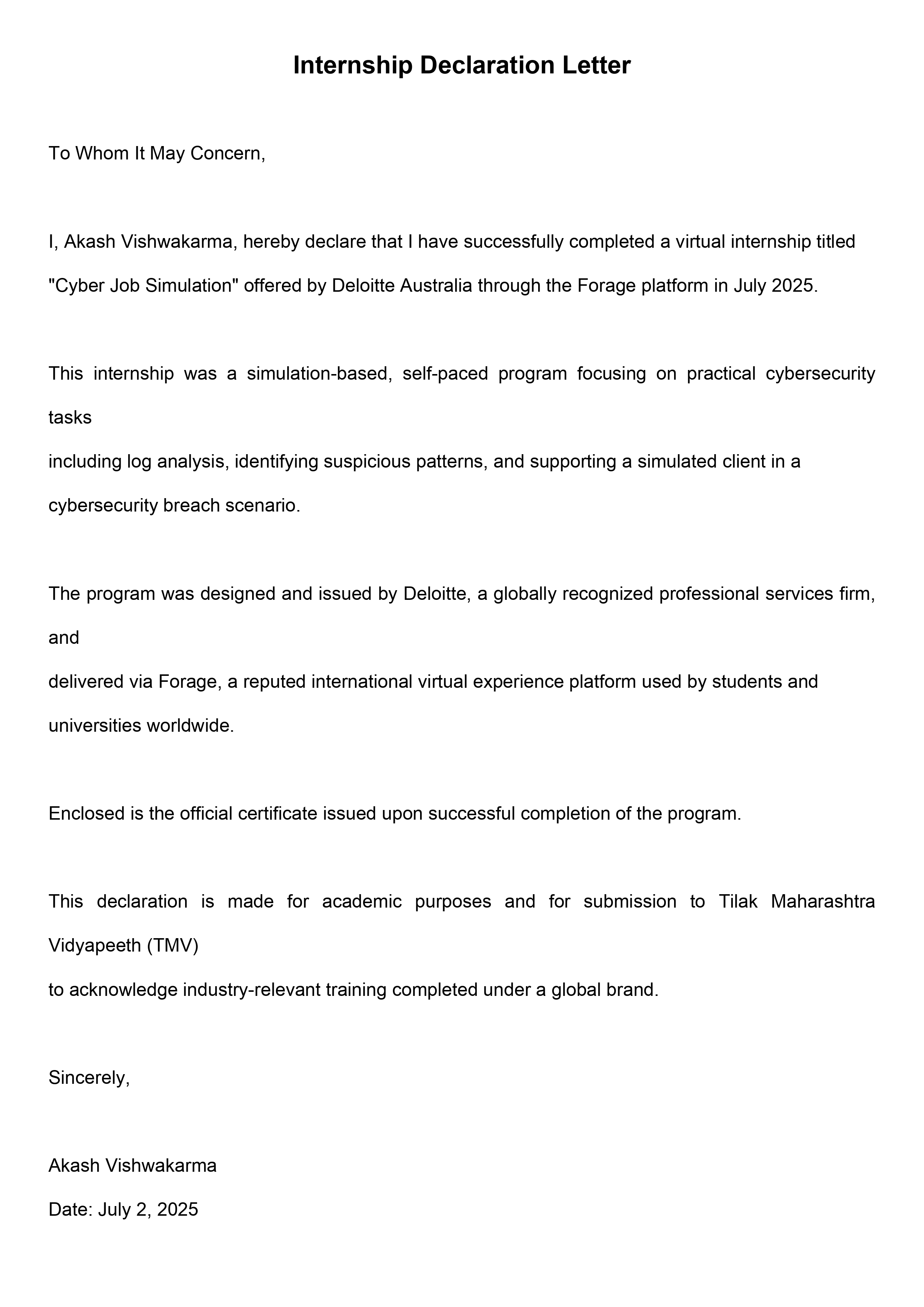 Deloitte Internship Letter