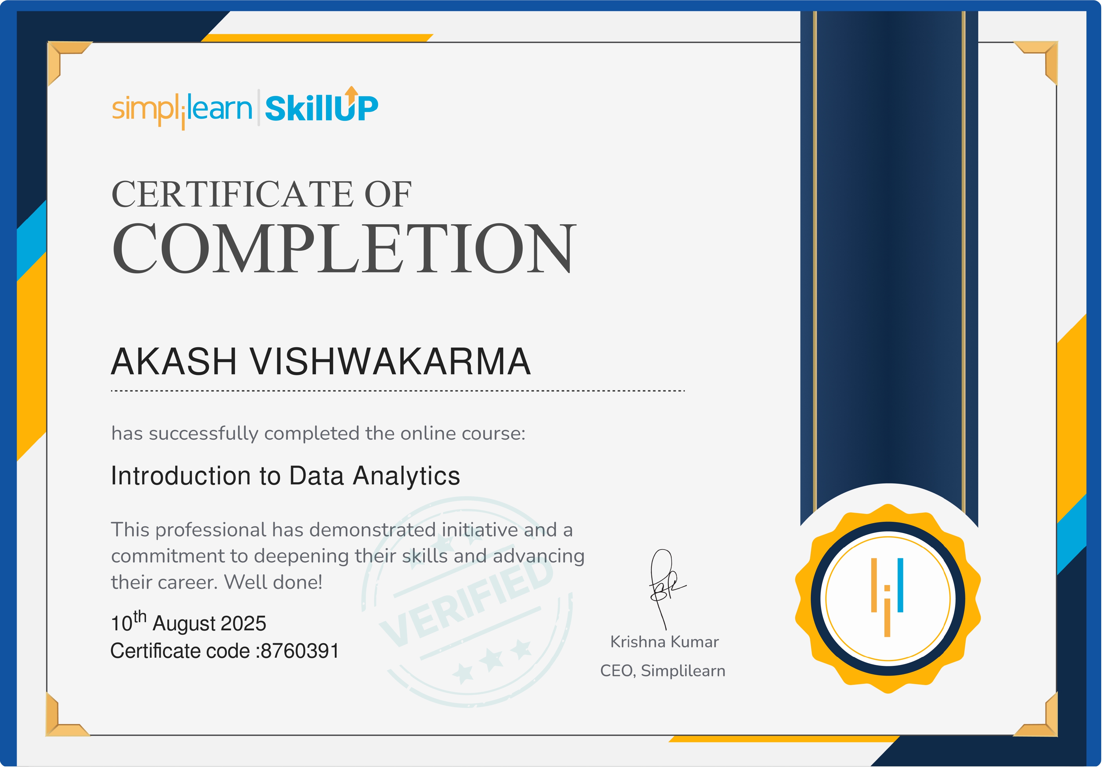 Introduction to Data Analytics certificate
