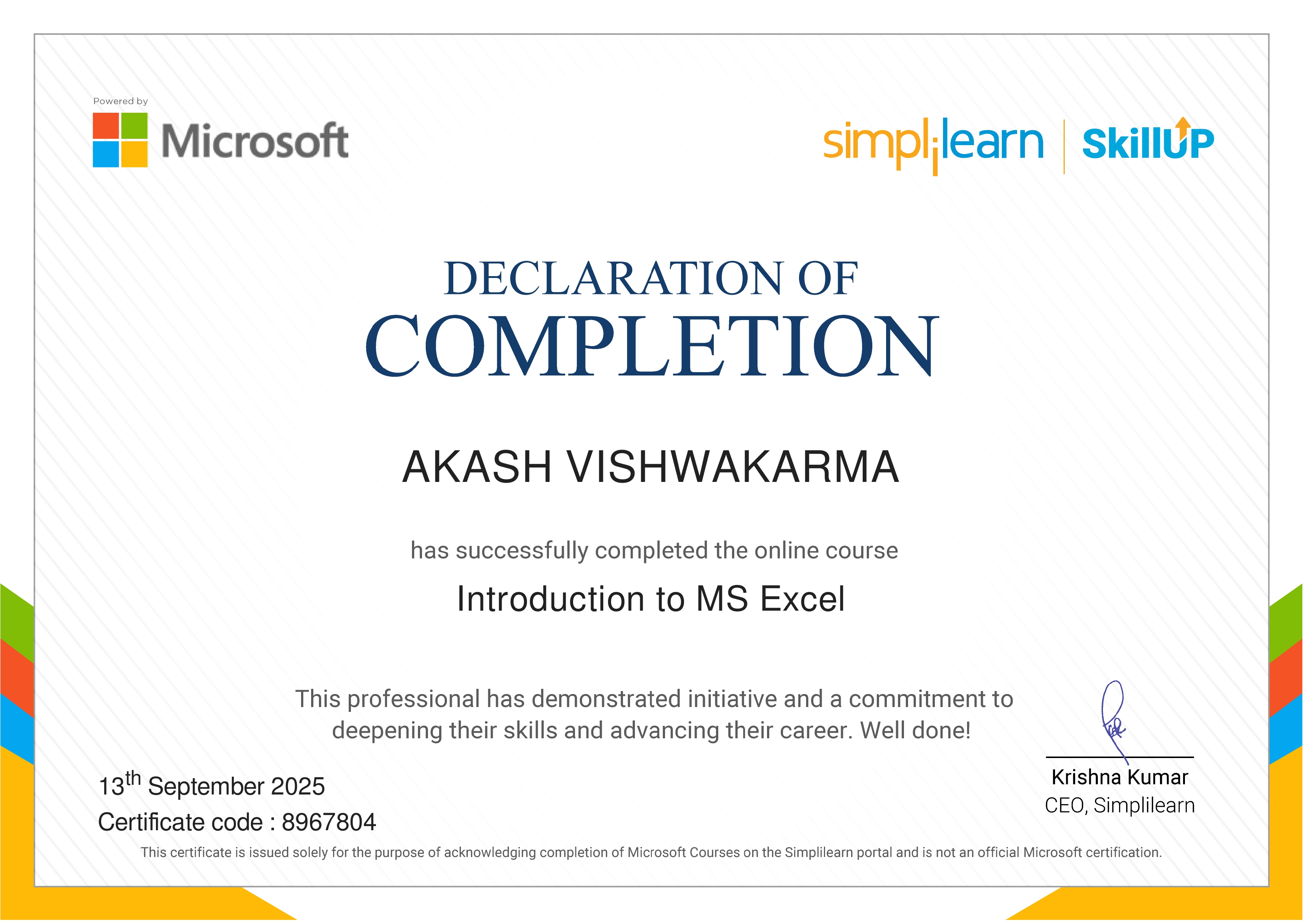 MS Excel certificate