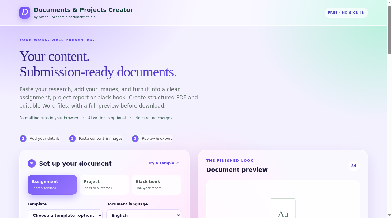 Documents and Projects Creator